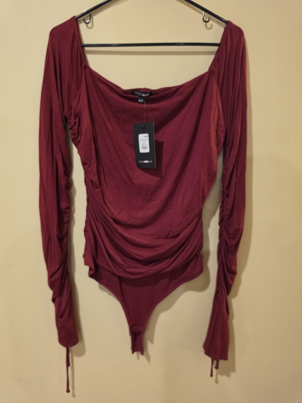 Fashion Nova Burgundy Long-Sleeve Off-Shoulder Bodysuit